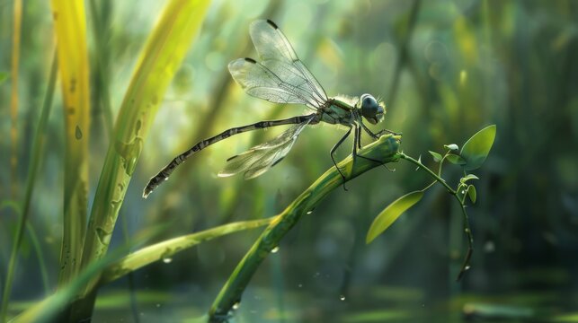 A dragonfly nymph emerging from its aquatic habitat, climbing up a plant stem as it prepares to undergo its final metamorphosis.