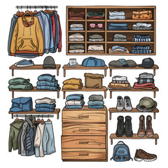 Illustration of a wardrobe with different clothes and accessories. Vector illustration.