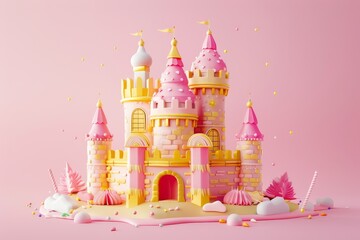 A castle made of frosting and candy is shown on a colorful background