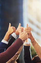 Group, business and people with hands for thumbs up in outdoor for agreement with teamwork or...