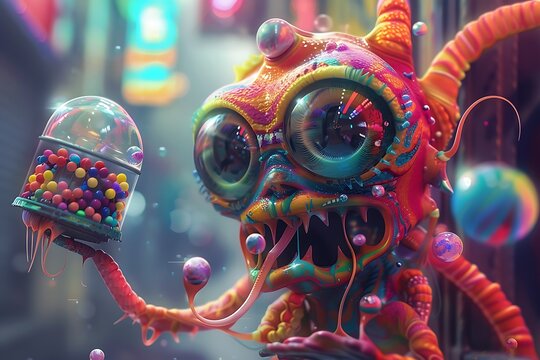 A mischievous alien with three eyes and colorful tentacles, playing with a floating bubble gum machine.