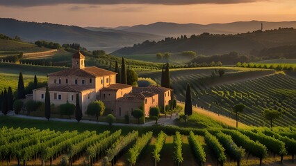 Naklejka premium vineyard in region country, vineyard in region, vineyard in the morning, vineyard view, vineyard landscapes, green lush field, grape vineyard, italian vineyard, italian landscapes, italian vinery