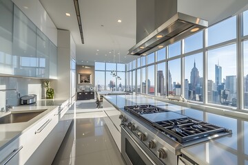 A modern kitchen with sleek countertops, state-of-the-art appliances, and a stunning view of the city skyline.