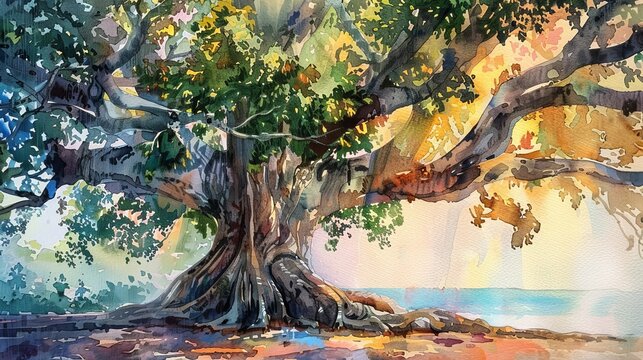 Beautiful painting of the Bodhi Sacred Fig tree in watercolor