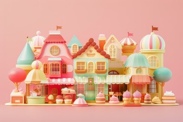A cartoonish town with a church and a candy store