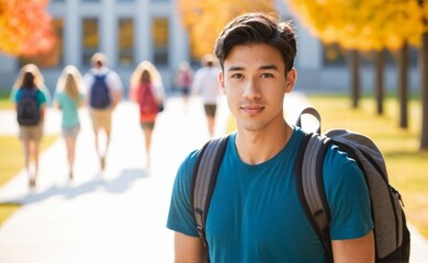 Portrait of Canadian male student with backpack, collage blur background