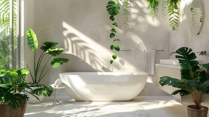 Bright bathroom with a tub and a large Monstera plant.