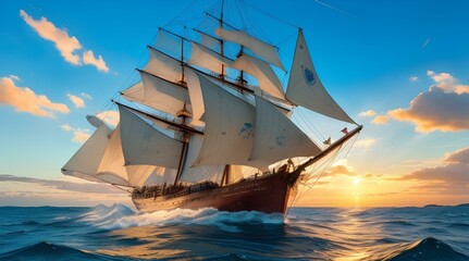 Fototapeta premium Legendary ship in the middle of ocean in a morning. AI Generated