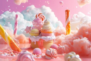 A colorful scene of a candy land with a river and a bunch of cakes and candies