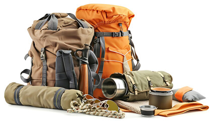 outdoor adventure gear including an orange backpack, black and gray strap, and gray and silver can,