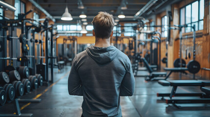 Obraz premium A man is standing in a gym, examining the steel equipment. The electric blue sleeve on the metal bar catches his eye, adding symmetry to the dark building interior