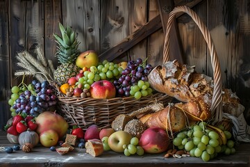A rustic wooden table overflowing with a vibrant array of seasonal fruits, complemented by a basket of freshly baked bread.
