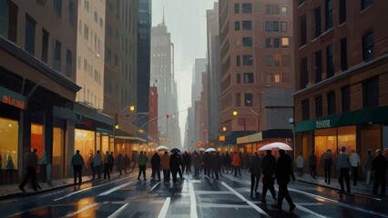 Fototapeta premium Crowd walking on a rainy city street with tall buildings in the background during evening hours