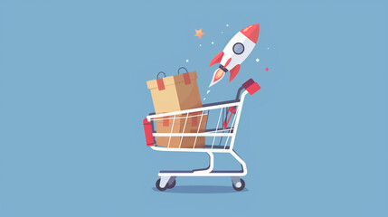 Shopping cart with parcels box, online business selling growth concept.