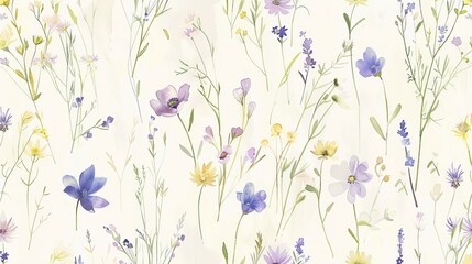 Delicate hand-painted watercolor pattern featuring wildflowers. Drawn by hand, not computer-generated.