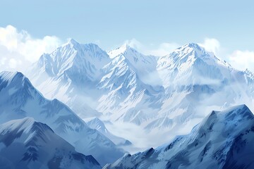 A serene mountain landscape with snow-capped peaks and soft gradients of light shades, captured in a majestic vector illustration. - obrazy, fototapety, plakaty