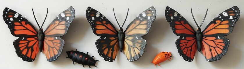 A 3D model show of a butterfly metamorphosis, from caterpillar to chrysalis to winged beauty
