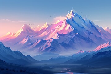 A serene mountain landscape with snow-capped peaks and soft gradients of light shades, captured in a majestic vector illustration. - obrazy, fototapety, plakaty