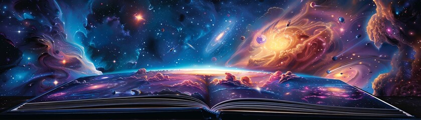 A beautifully illustrated book cover depicting a journey across multiple galaxies with vibrant nebulas