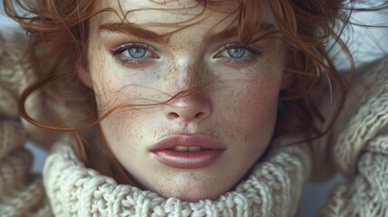 A hyperrealistic digital portrait of an extremely beautiful woman with pale skin, blue eyes and red hair wearing a cozy sweater in the style of a Vogue fashion editorial magazine.