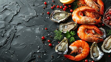 Variety of seafood with vegetables and herbs on a dark marble background. Food advertising. Banner, menu.