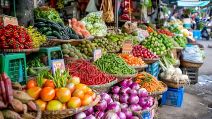 A market stall overflowing with colorful Thai fruits and vegetables, showcasing the abundance and diversity of local produce.