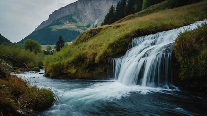 Obraz premium Landscape with river and forest with green trees. Silky crystal water and long exposure. Ordesa Pyrenees. 