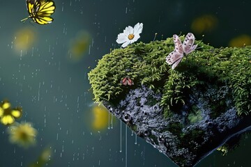 Enchanting Mossy Rock, Rainy Day Butterflies