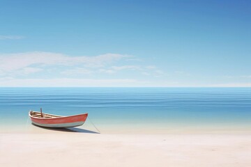 A boat sits on a beach with the ocean behind it. The sky is blue and there are white clouds. The boat is blue and white. The beach is sandy and white. The water is blue and green.