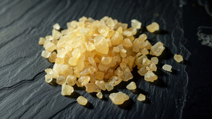 Yellow crystals of MDMA on black surface - obrazy, fototapety, plakaty