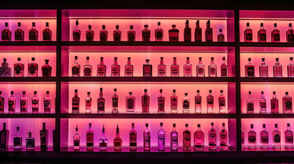 Neon-colored bottles of alcohol in bar, restaurant or liquor store