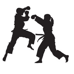 Fototapeta premium Vector silhouette of martial arts sports people fighting. Flat cutout icon
