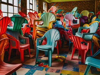 Habitación repleta de sillas de plástico de colores