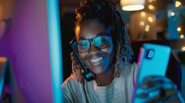 An adult african american woman is is making a selfie while smiling with a telephone behind a computer while gaming a high tech social media woman hyper realistic 