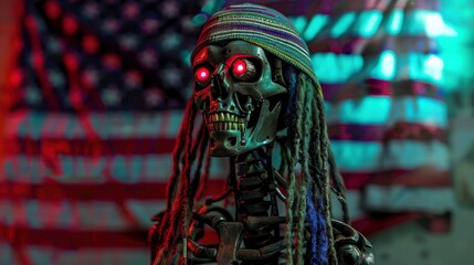 A robot skeleton with long colorful dreadlocks wearing a Turkish head scarf and glowing red eyes in front of the American flag
