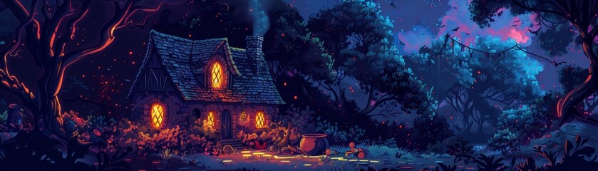 A cozy cottage in the middle of a dark forest. The cottage is lit by a warm fire and there is a full moon in the sky.