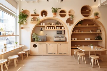 Beautiful and warm kids cafe in wooden style 