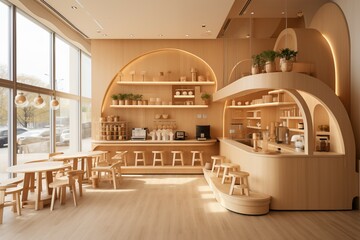 Beautiful and warm kids cafe in wooden style 