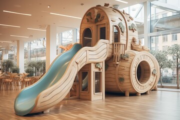 Wooden slide in a cute minimal kids cafe 