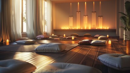A serene meditation room in a spa retreat, with cushions arranged for comfortable seating and soft ambient lighting for inner peace.
