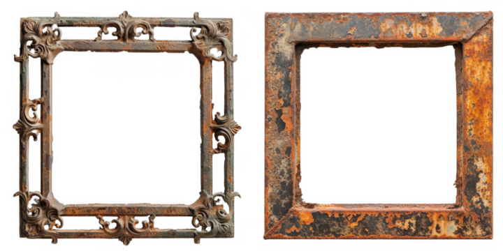 Old rustic corrosion metal frame. Steel square rust border