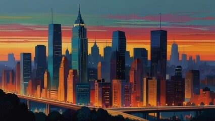 Vibrant Sunset Over A City Skyline With Skyscrapers And Bridges Illuminated