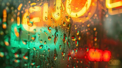 Closeup of raindrops on window glass with a colorful neon light sign in the background, featuring an orange and green color scheme