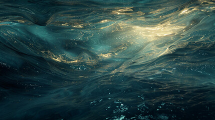 An abstract, fluid art piece evoking the calm and mystery of deep ocean waters, with dark blues and shimmering gold like sunlight on the surface. Deep and contemplative.