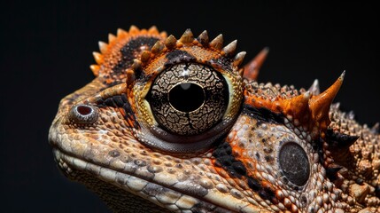 Closeup of the eye and head of an ancient horned toad, showcasing its unique structure with dark orange patterns on black skin