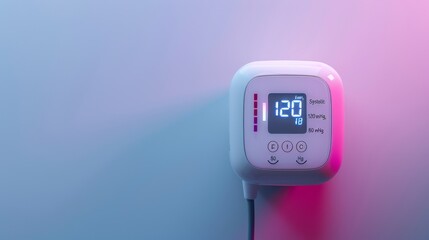 Digital blood pressure monitor displaying readings on a gradient background