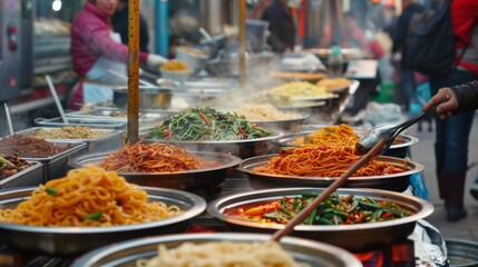 Obraz premium A street food market bustling with vendors selling various types of spicy noodles, enticing passersby with their aromatic offerings.