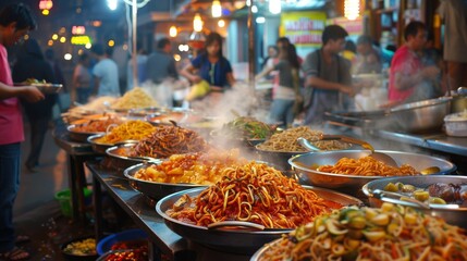 Naklejka premium A street food market bustling with vendors selling various types of spicy noodles, enticing passersby with their aromatic offerings.
