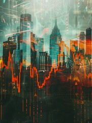 Crisis in economic concept shown by declining graphs and digital indicators overlap modernistic city background. Double exposure. hyper realistic 