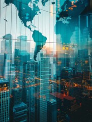 Double exposure of abstract financial graph with world map on office buildings background, forex and investment concept. hyper realistic 